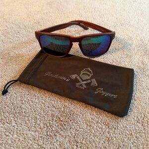 Wood-Grain Frame Sunglasses with Blue Mirrored Lenses